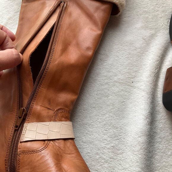 Tan Leather Combat Boots with Shearling Cuff - Picture 9 of 15